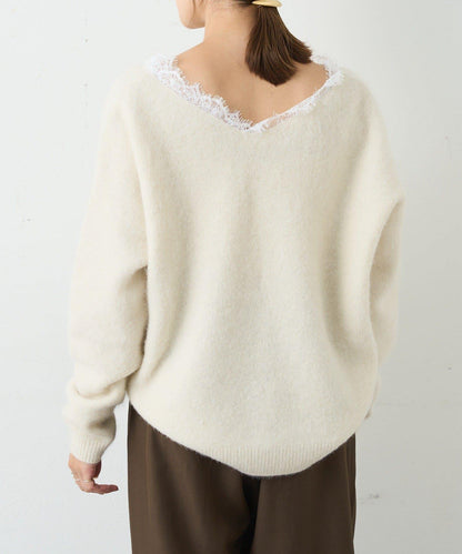 蕾絲V領羊毛針織衫