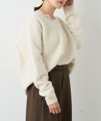 蕾絲V領羊毛針織衫