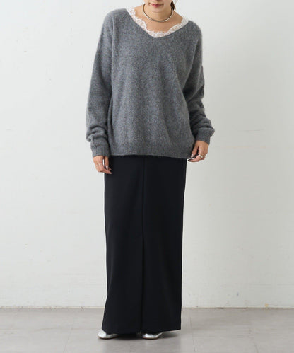 蕾絲V領羊毛針織衫