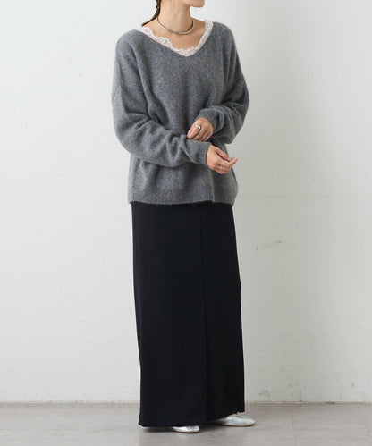 蕾絲V領羊毛針織衫