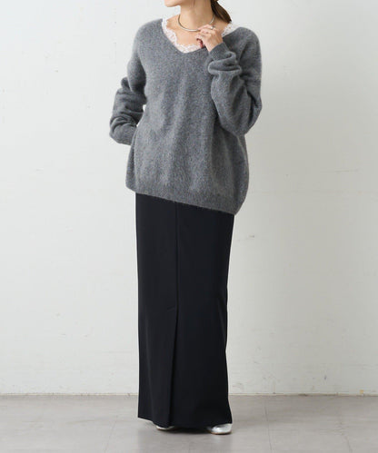 蕾絲V領羊毛針織衫