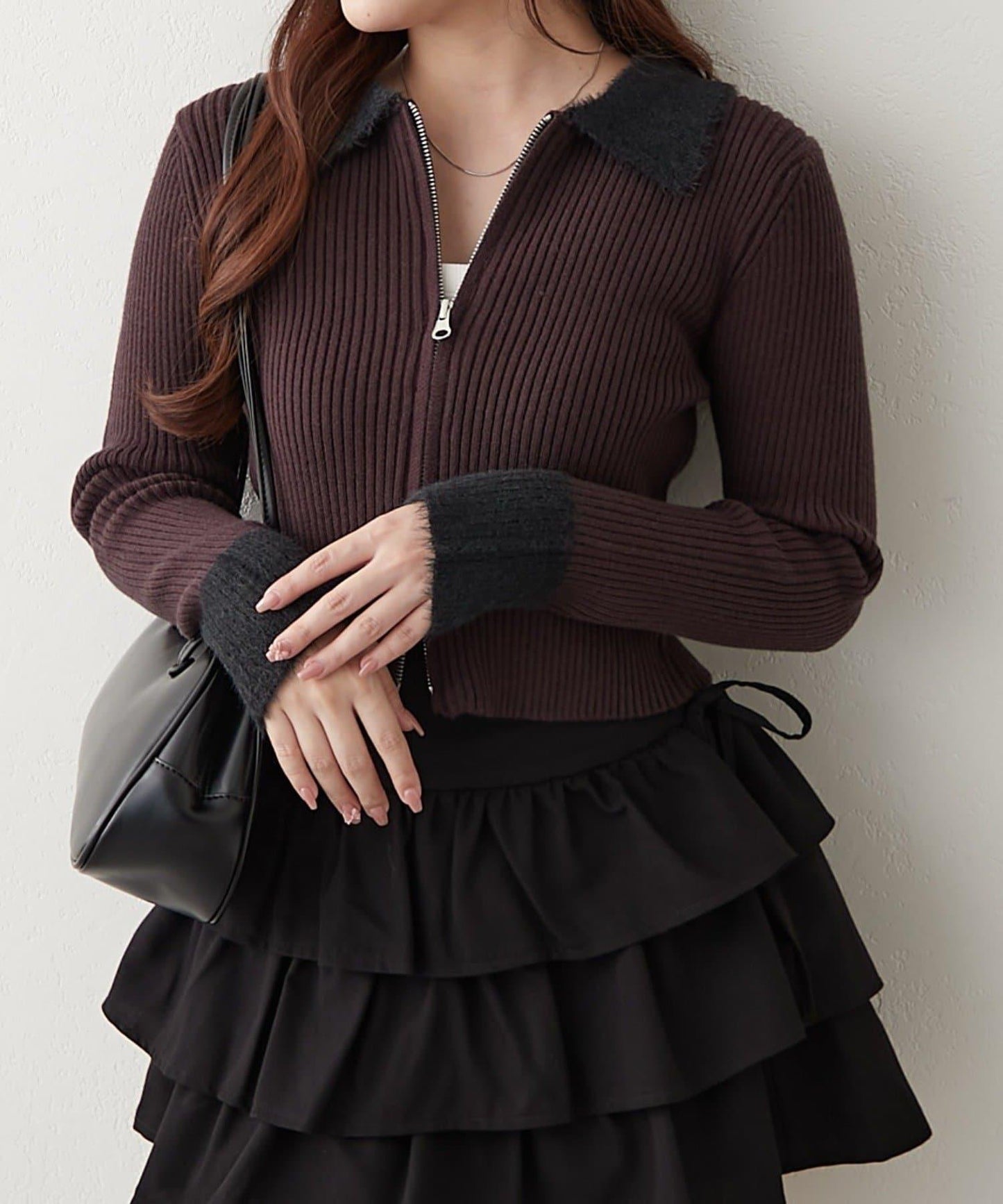 羽毛拼接羅紋開衫