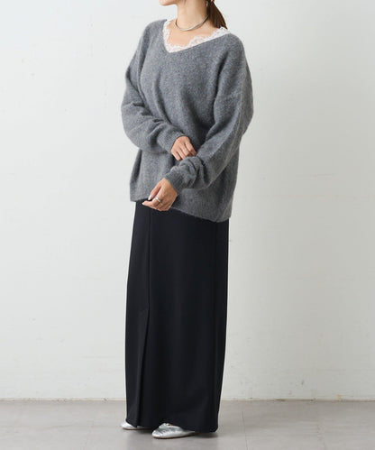 蕾絲V領羊毛針織衫