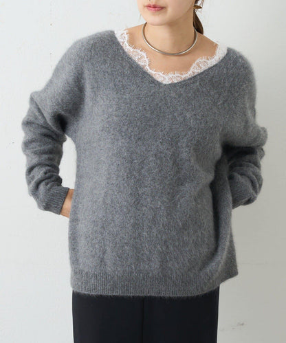 蕾絲V領羊毛針織衫