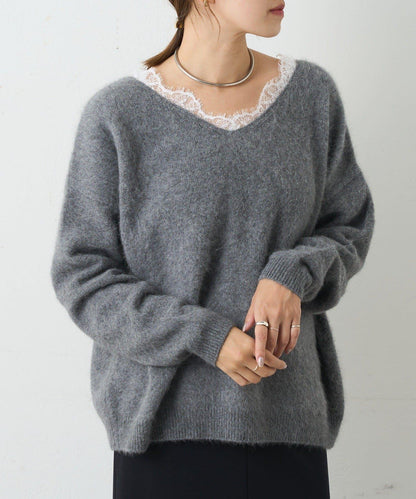 蕾絲V領羊毛針織衫