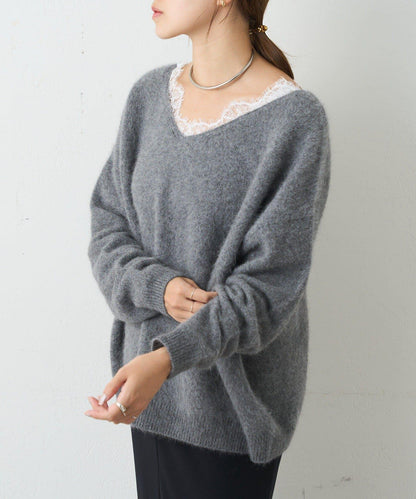 蕾絲V領羊毛針織衫