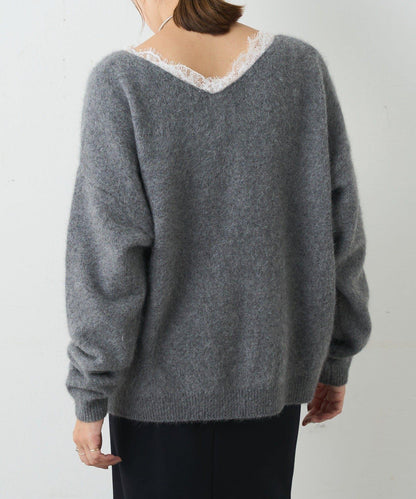 蕾絲V領羊毛針織衫
