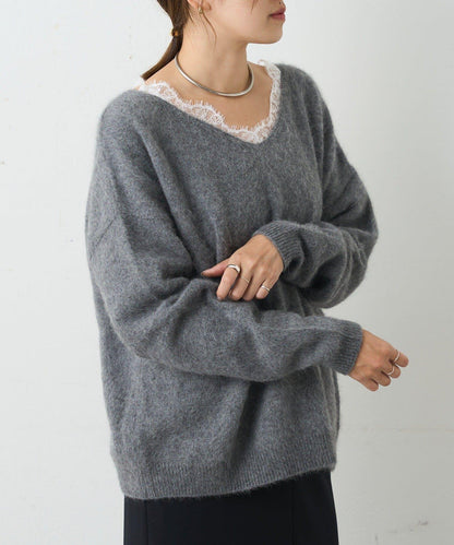 蕾絲V領羊毛針織衫