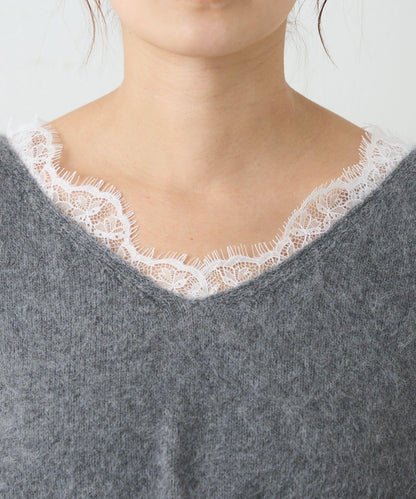 蕾絲V領羊毛針織衫
