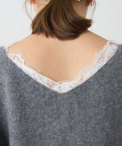 蕾絲V領羊毛針織衫