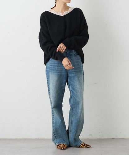 蕾絲V領羊毛針織衫