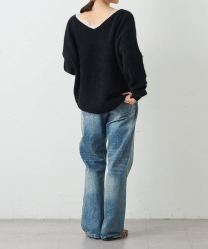 蕾絲V領羊毛針織衫