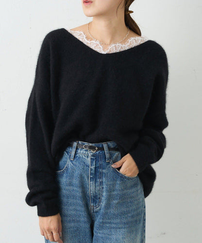 蕾絲V領羊毛針織衫