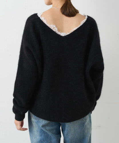 蕾絲V領羊毛針織衫