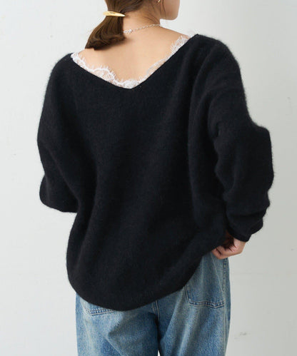 蕾絲V領羊毛針織衫