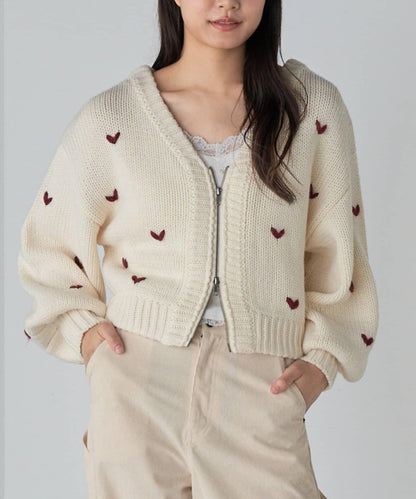 拉鍊式愛心圖案短款開衫