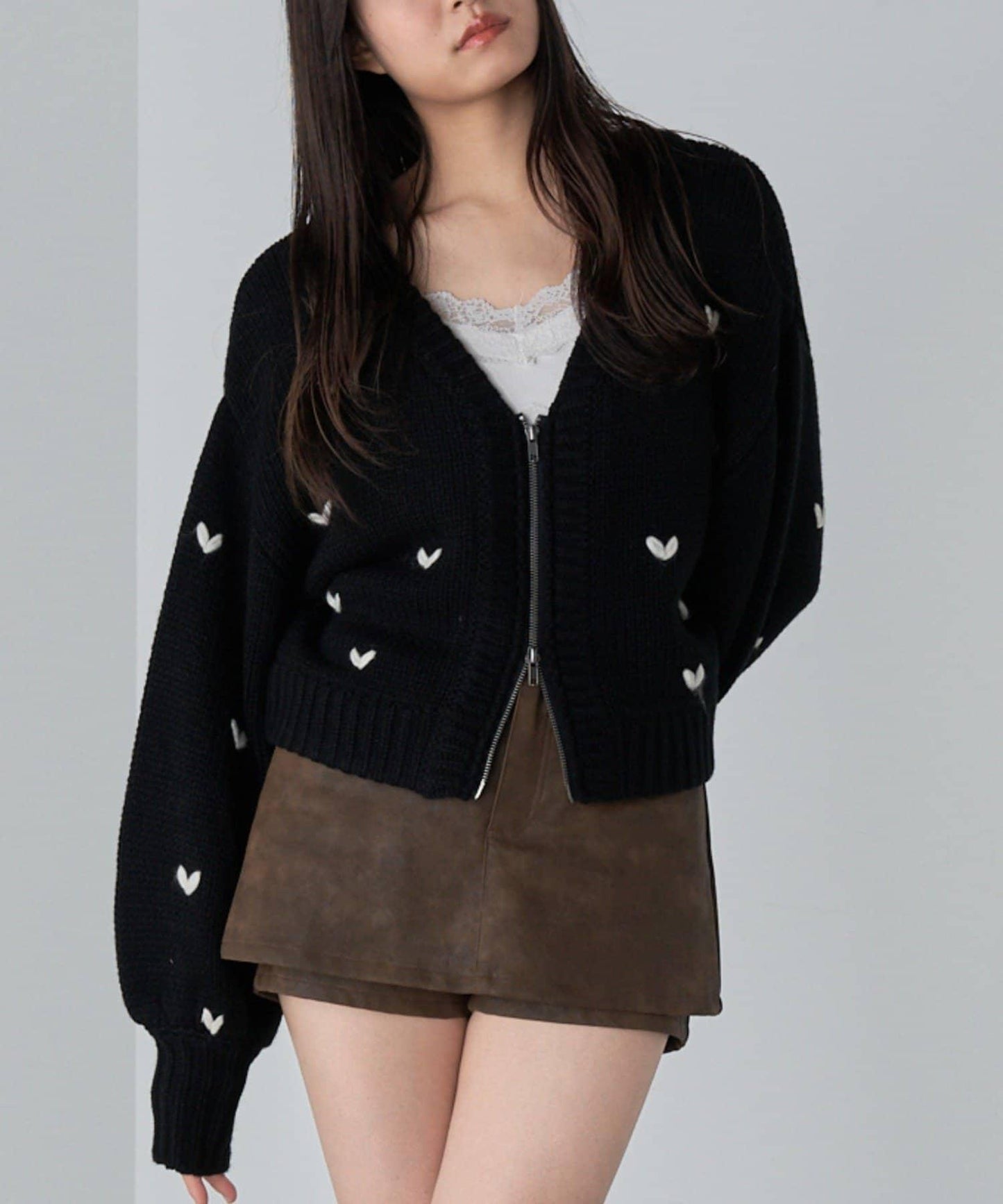 拉鍊式愛心圖案短款開衫