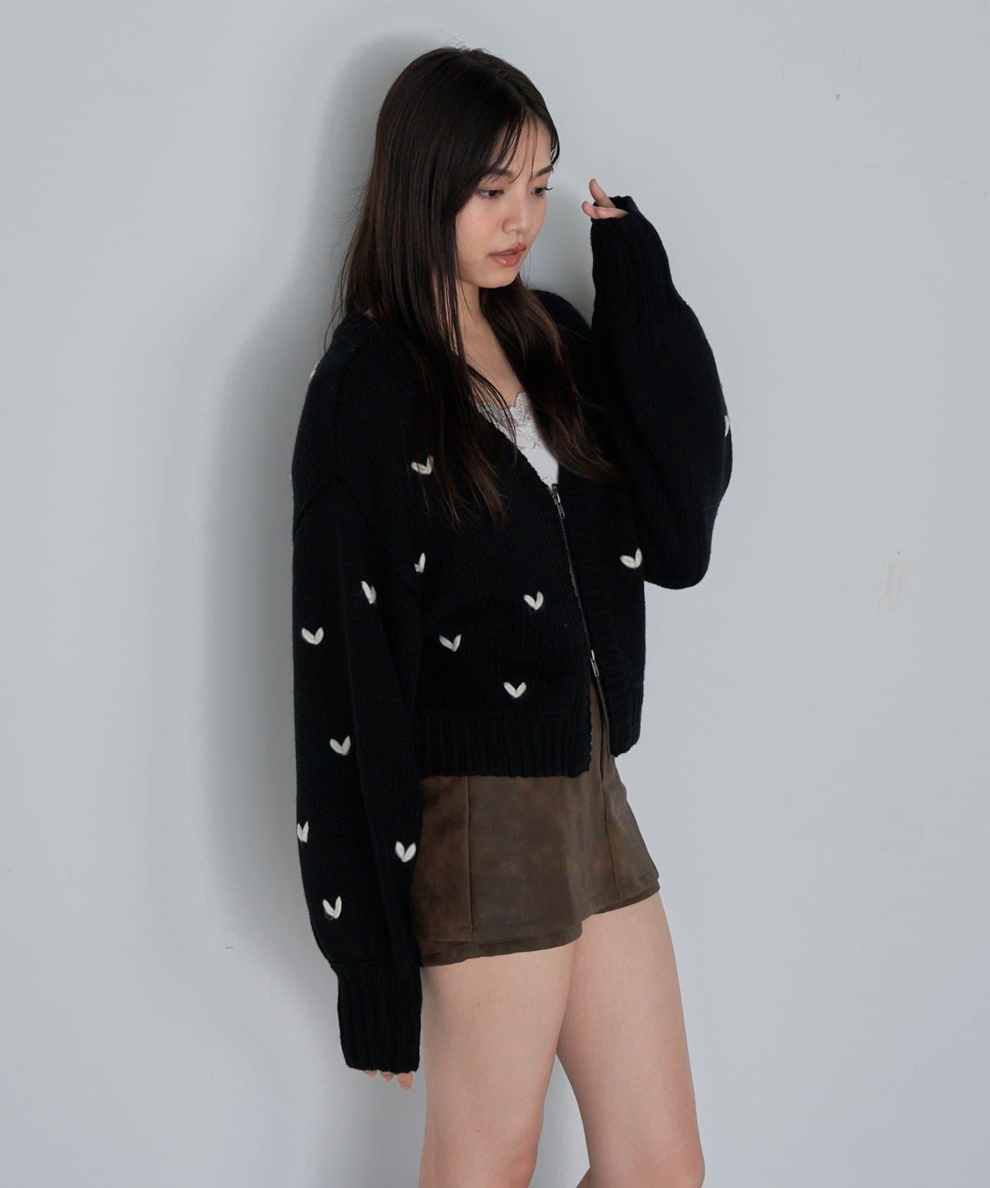 拉鍊式愛心圖案短款開衫