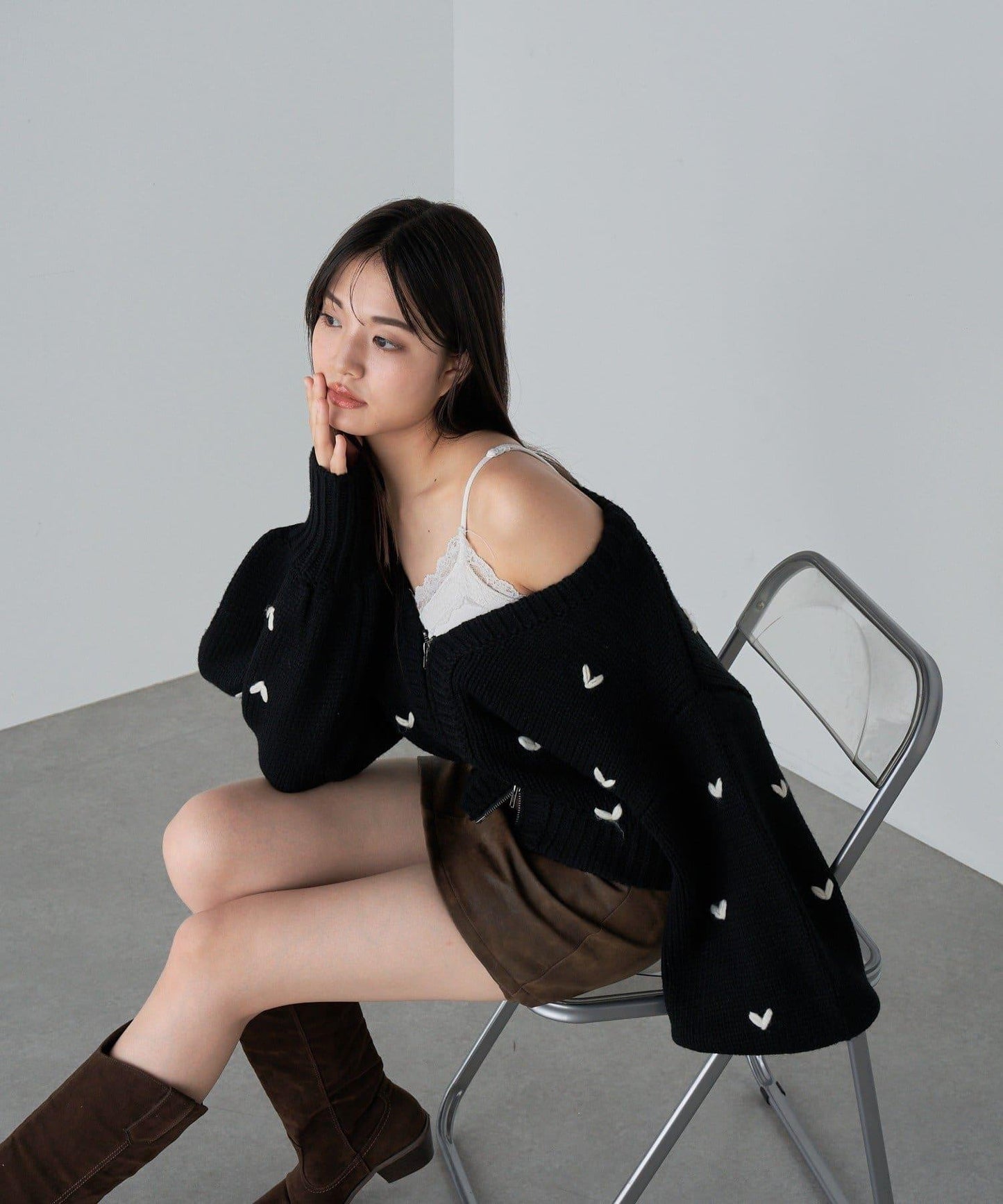 拉鍊式愛心圖案短款開衫