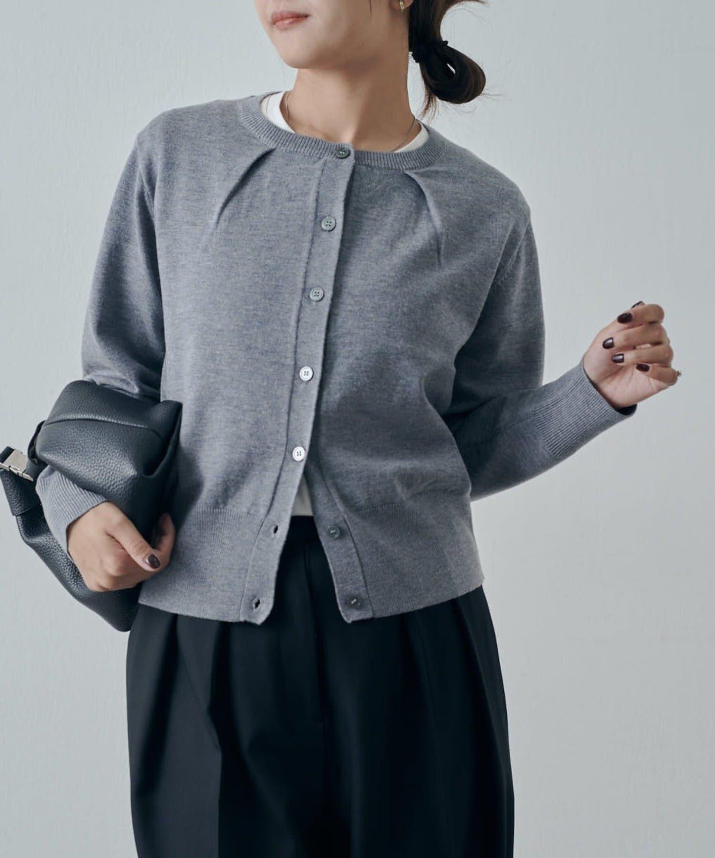 翻領褶皺設計羊毛混紡開衫