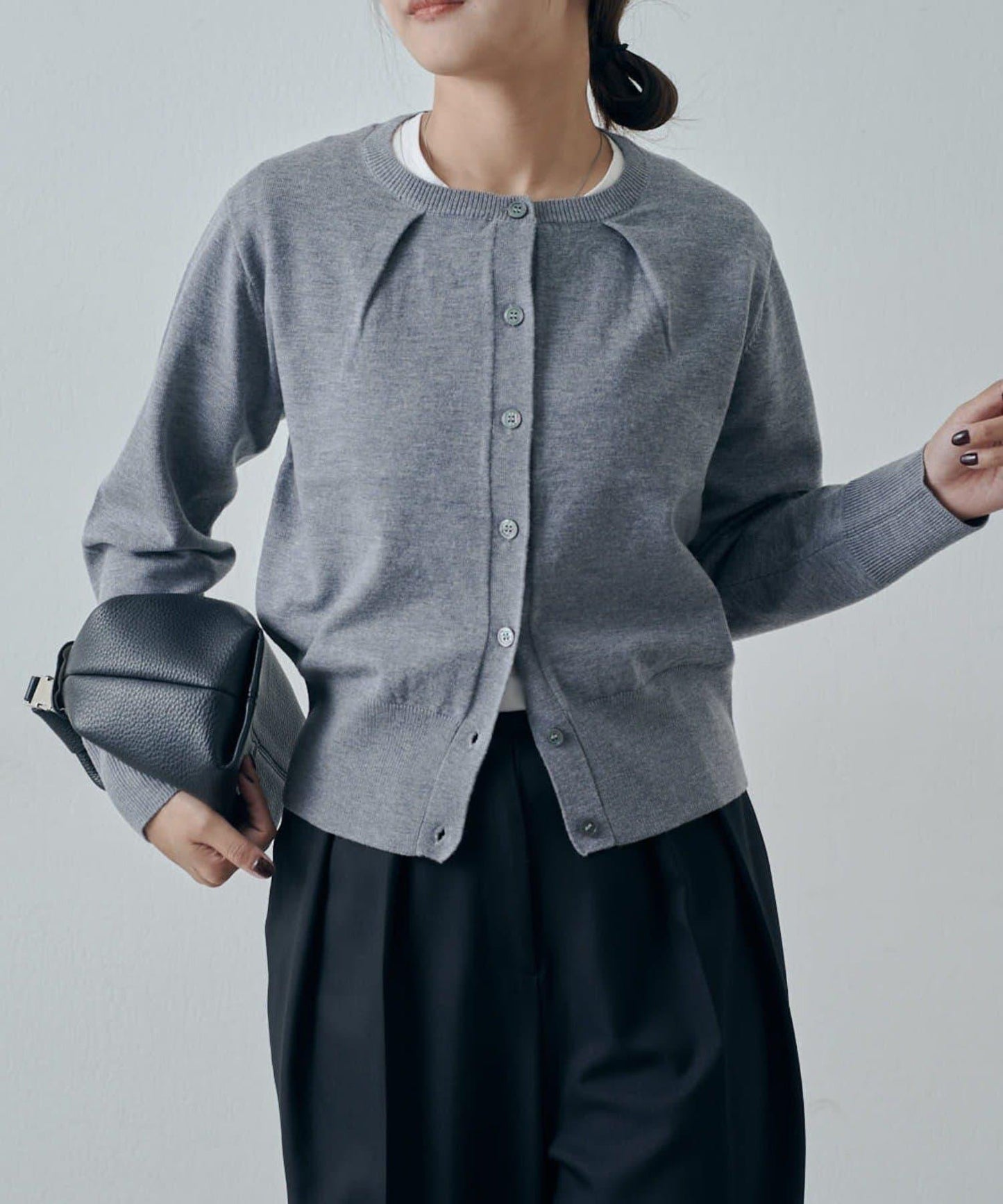 翻領褶皺設計羊毛混紡開衫