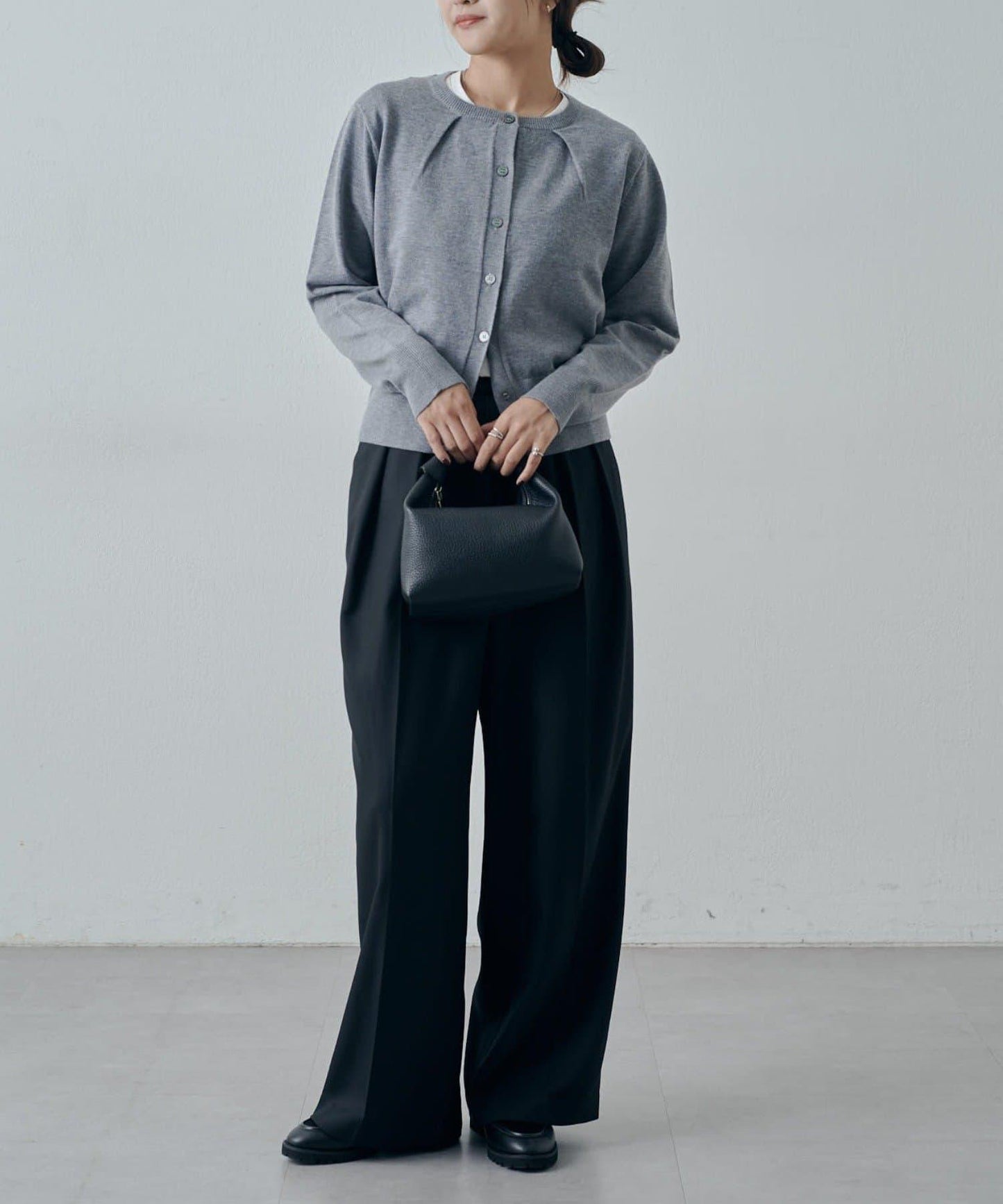 翻領褶皺設計羊毛混紡開衫