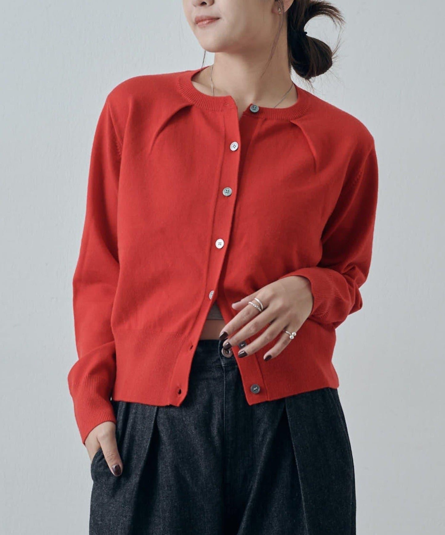 翻領褶皺設計羊毛混紡開衫