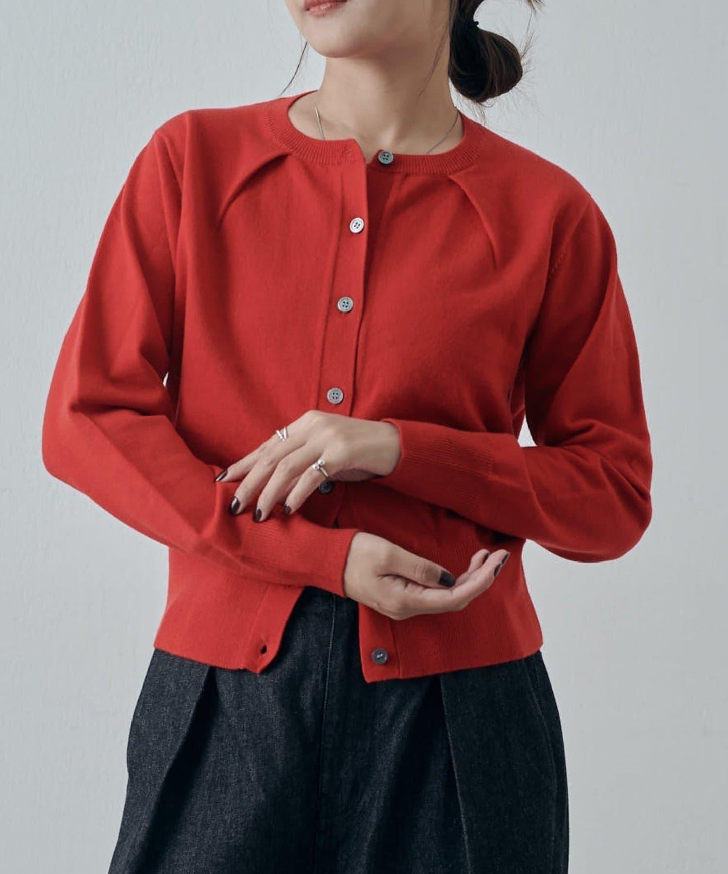 翻領褶皺設計羊毛混紡開衫