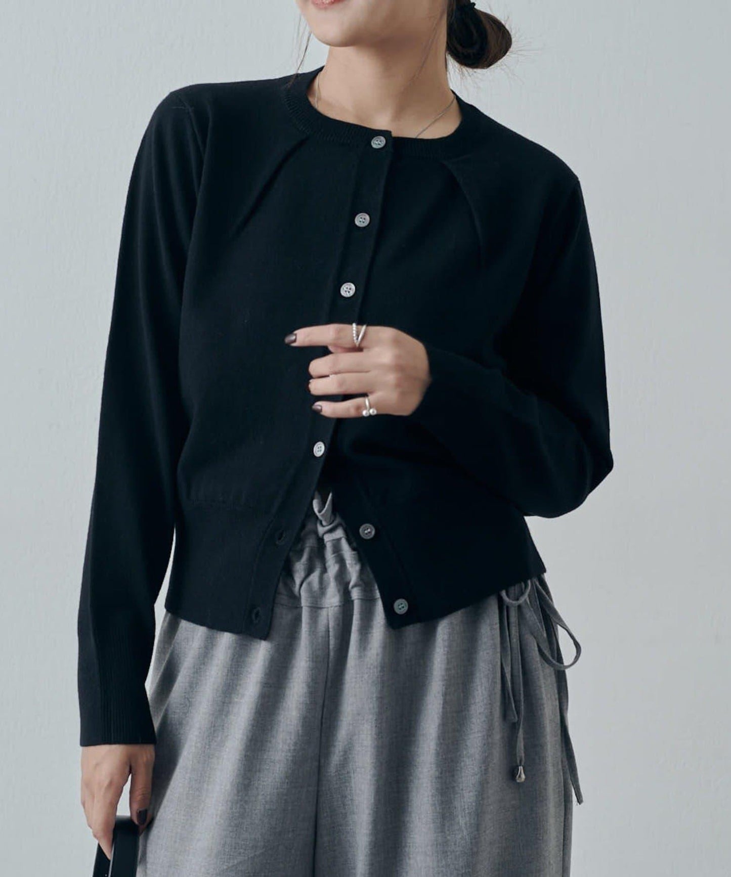 翻領褶皺設計羊毛混紡開衫