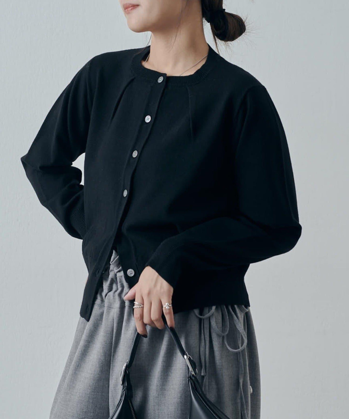 翻領褶皺設計羊毛混紡開衫