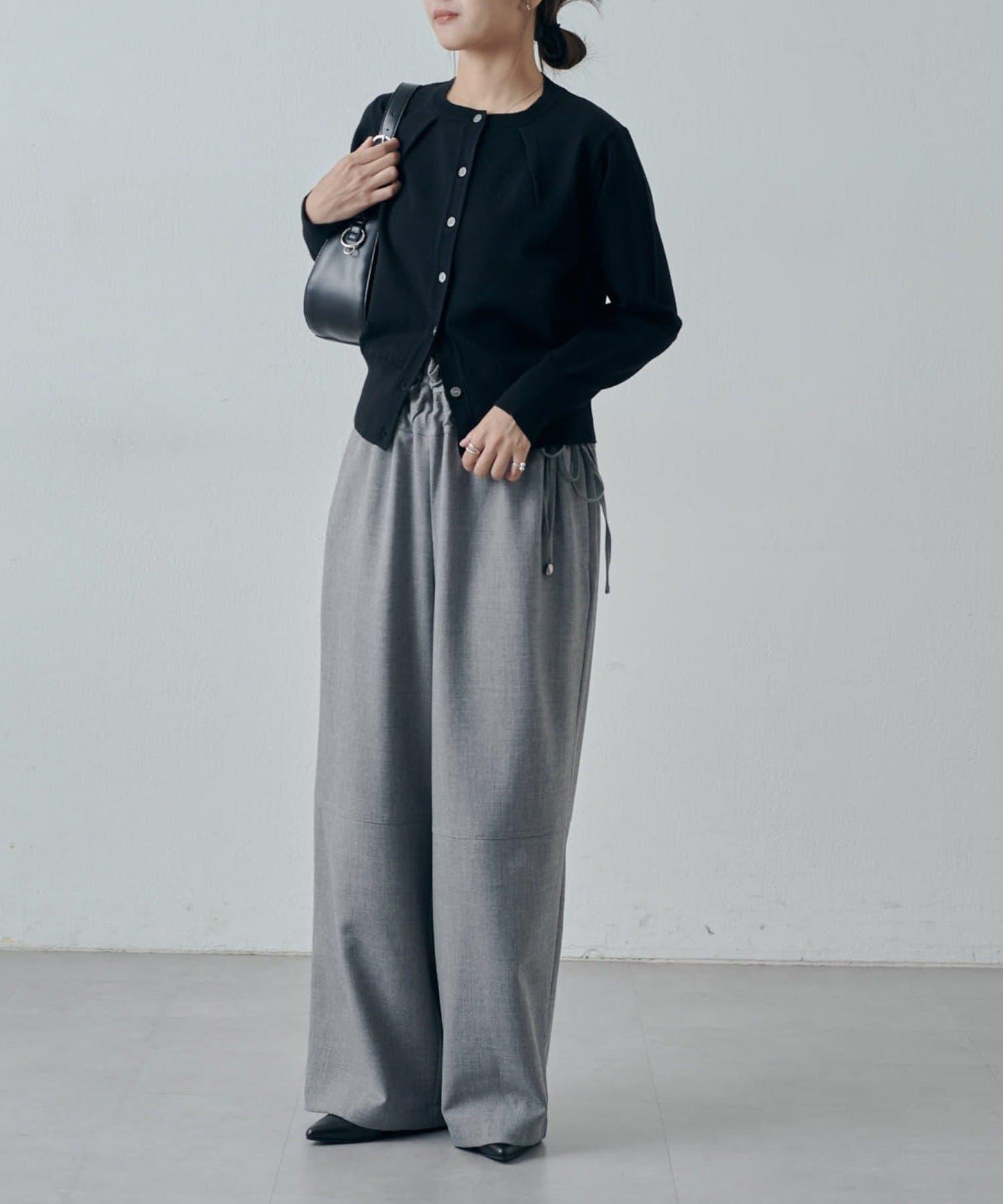 翻領褶皺設計羊毛混紡開衫