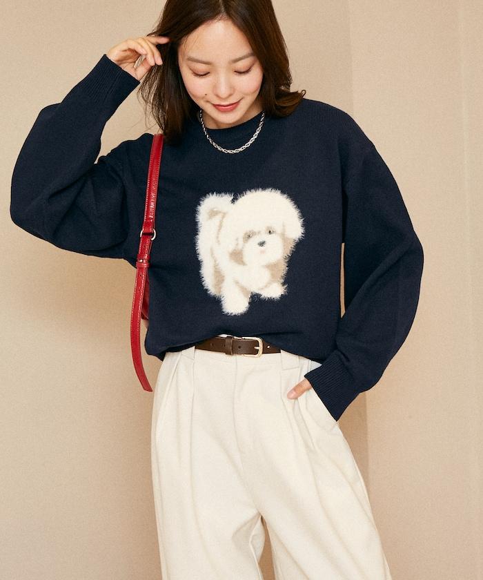 羽毛狗狗提花針織套頭衫