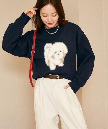 羽毛狗狗提花針織套頭衫