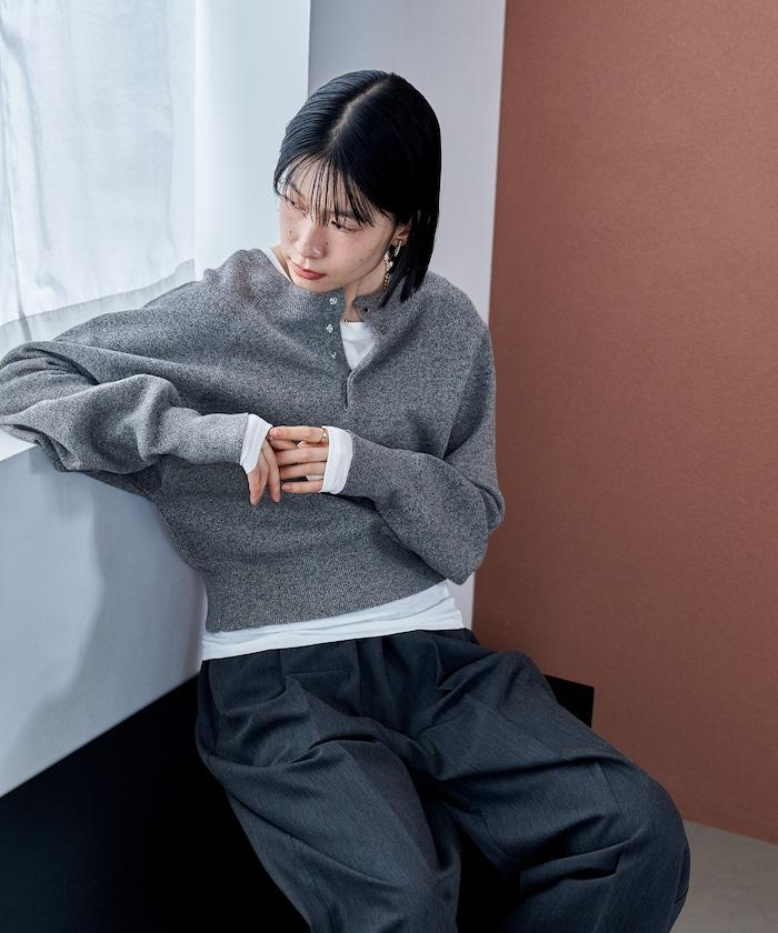 短款按扣亨利領針織衫