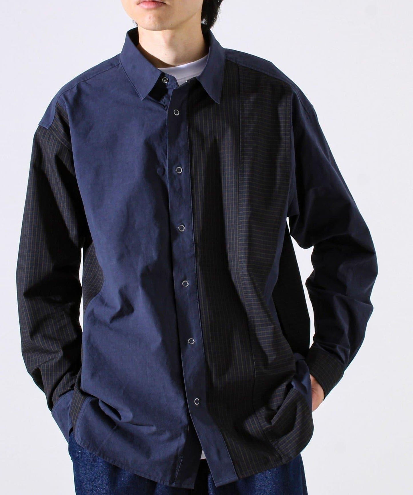 【純色×圖案趣味設計】時尚拼接長袖襯衫