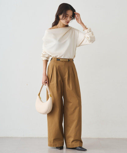 休閒腰帶褶皺長褲