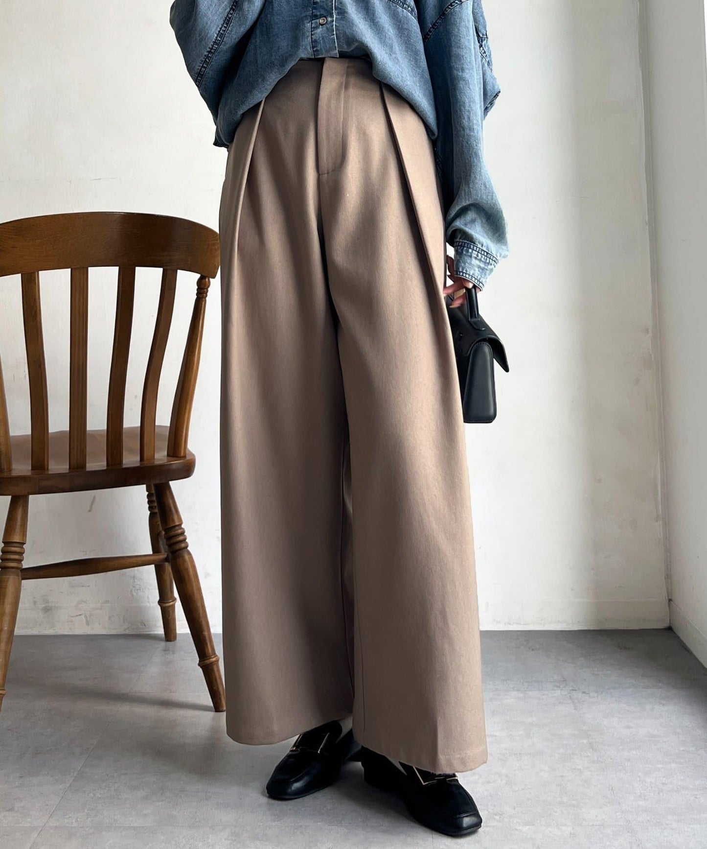 側扣褶皺長褲