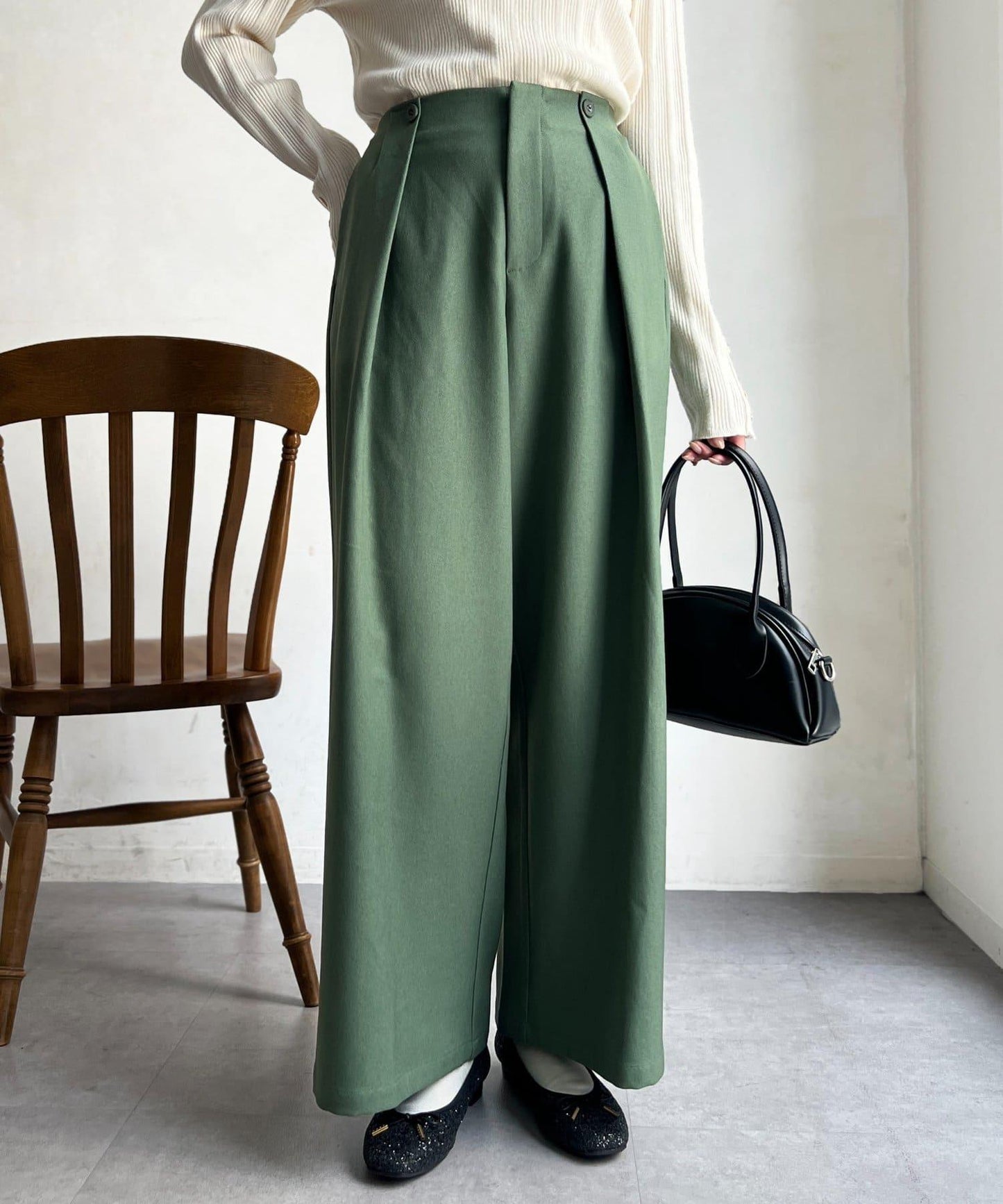 側扣褶皺長褲