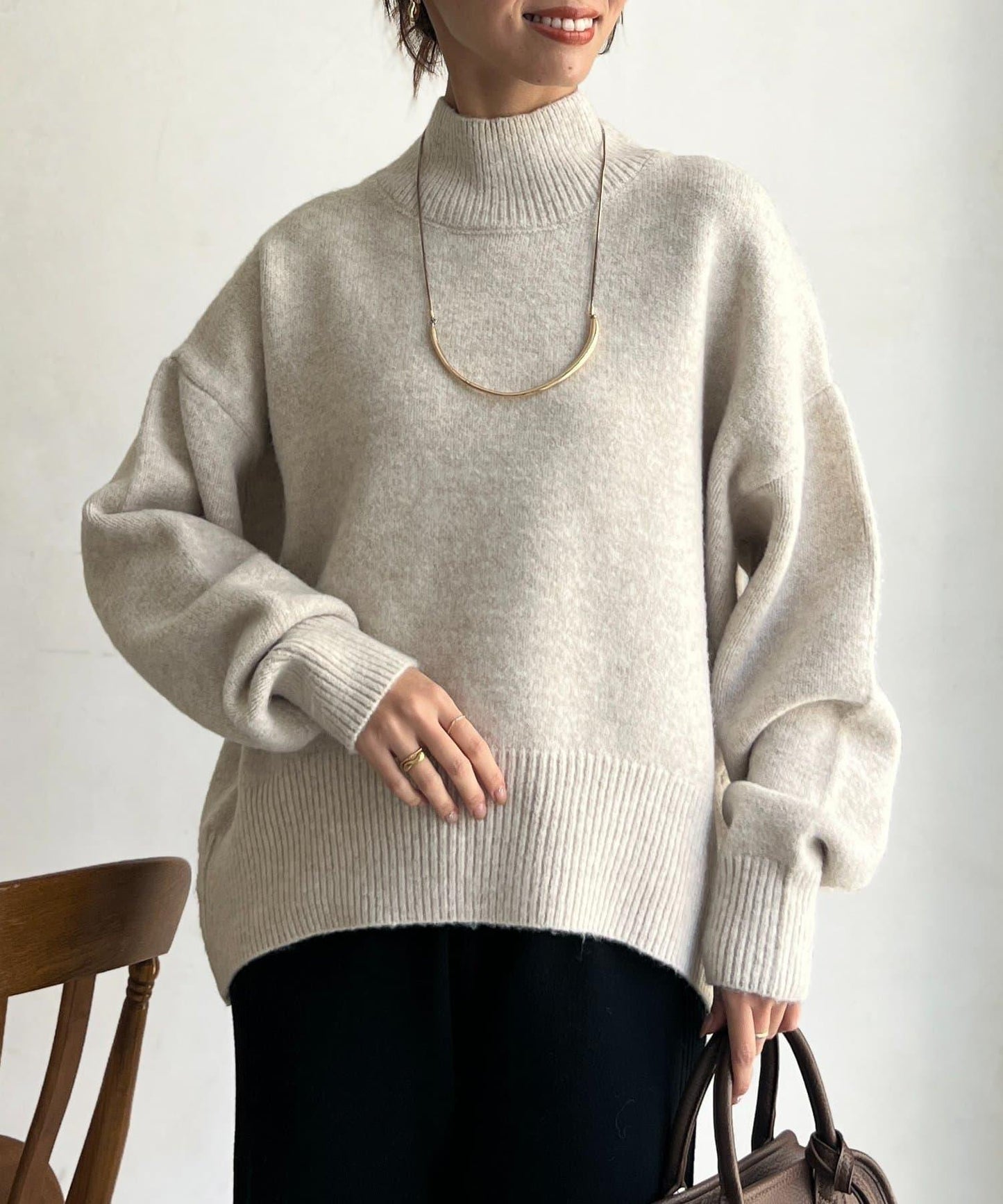 後開叉高領針織套頭衫