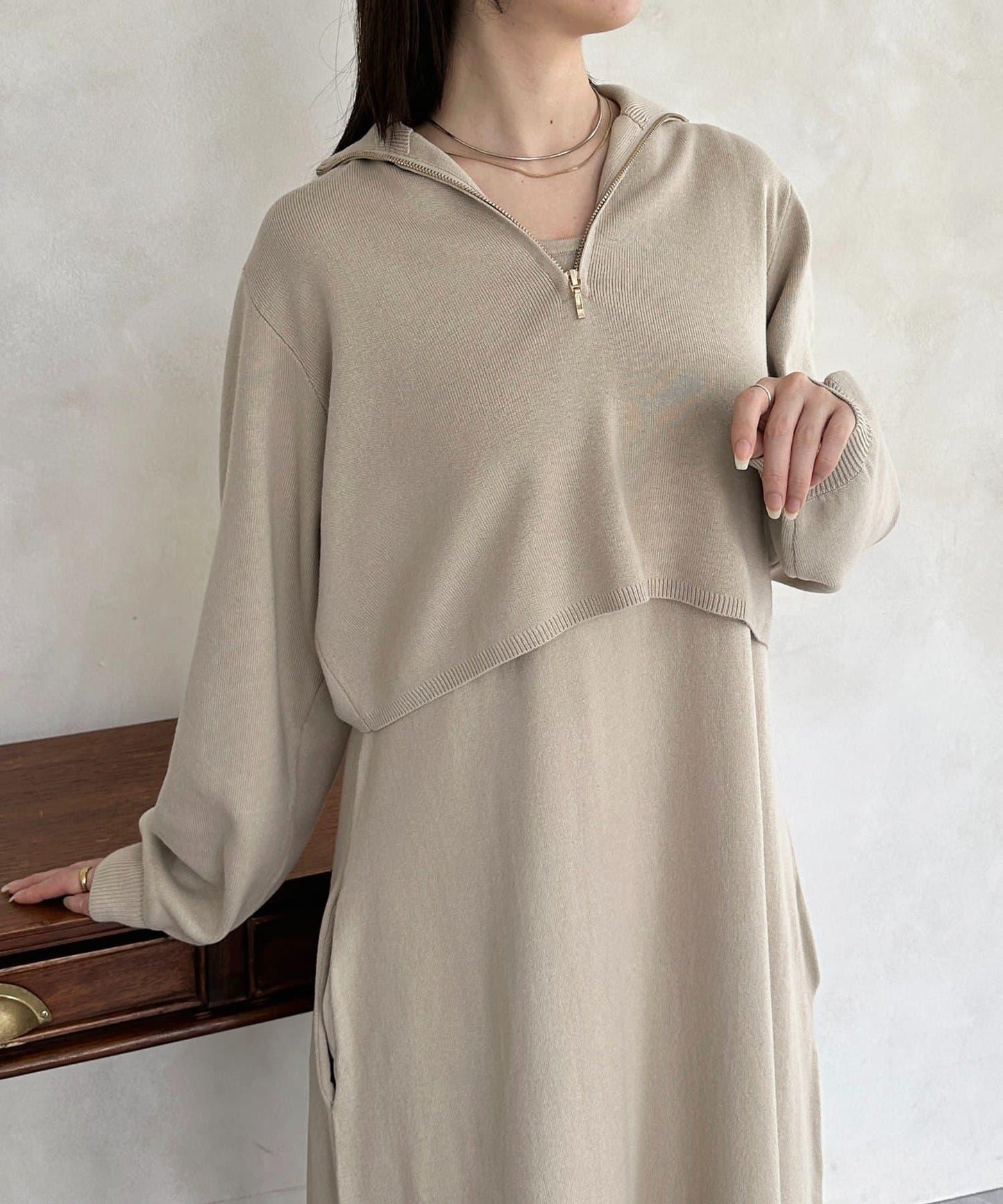 半拉鍊針織套裝連衣裙