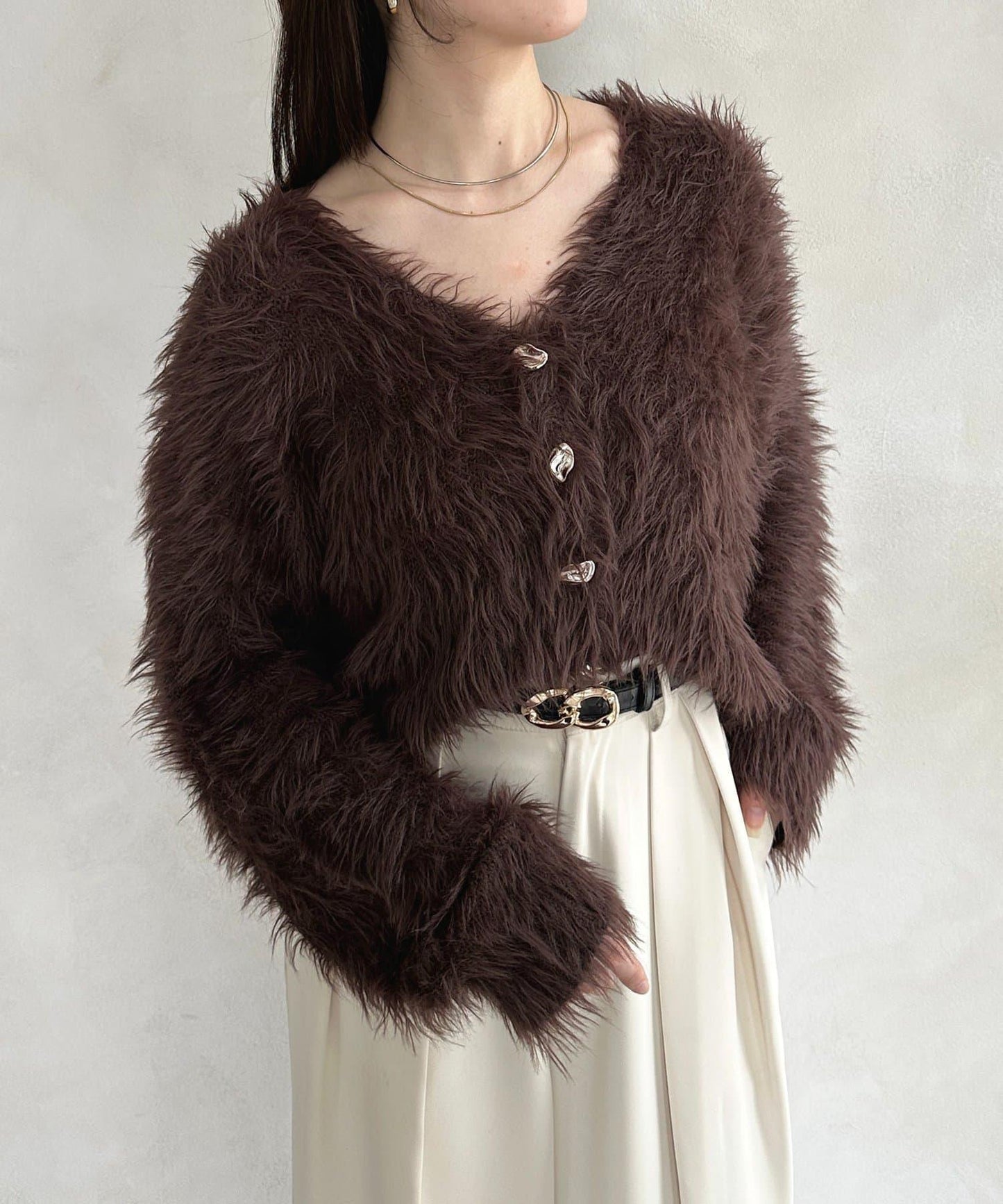 微妙紐扣蓬鬆長絨開衫