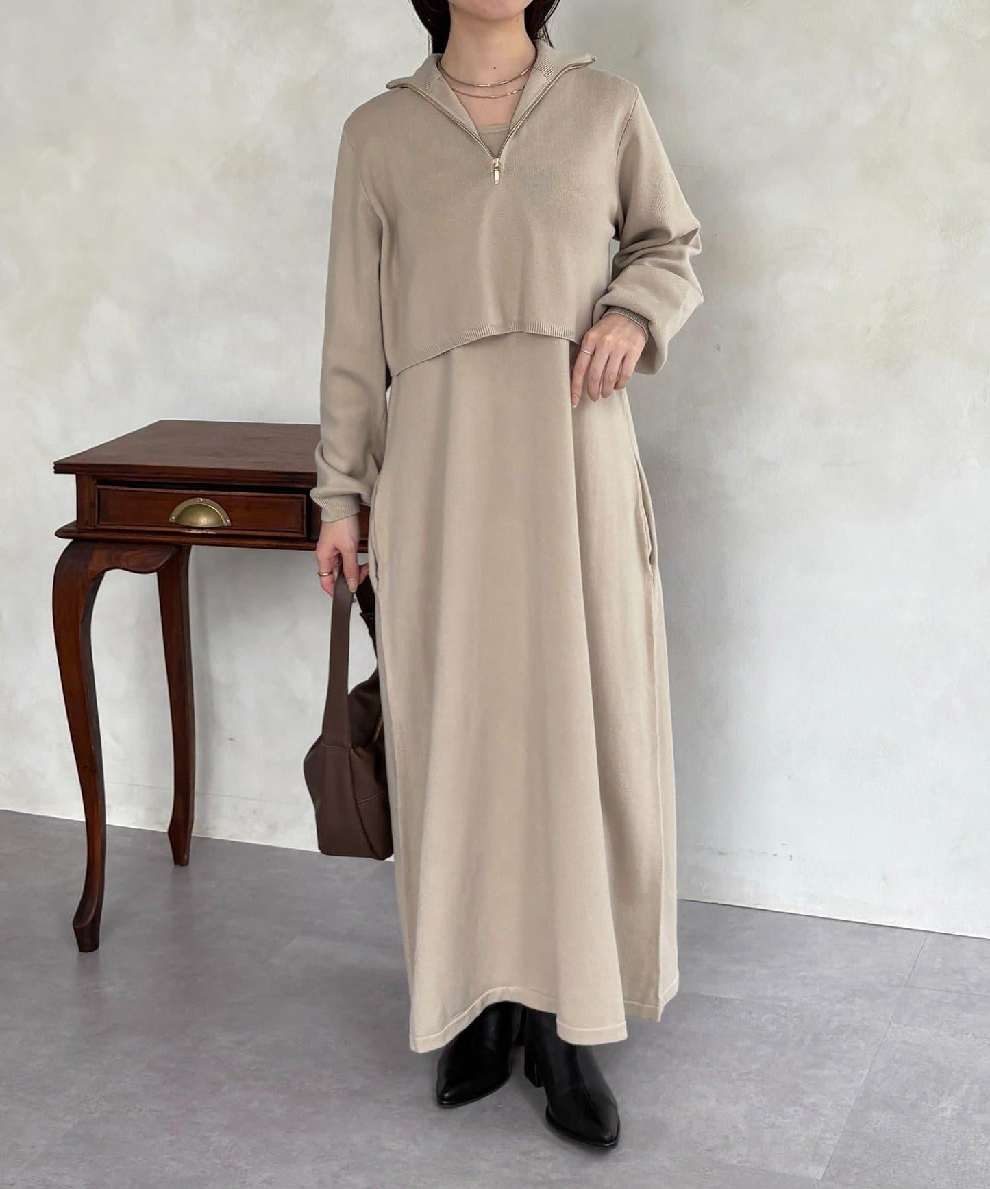 半拉鍊針織套裝連衣裙