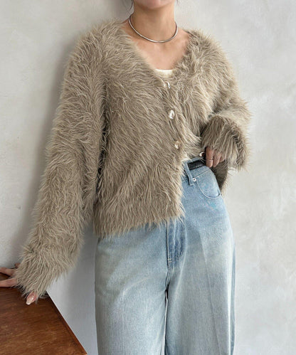 微妙紐扣蓬鬆長絨開衫