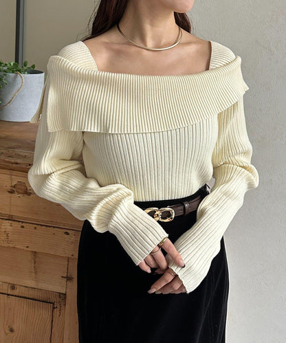 一字肩風格方領羅紋針織衫
