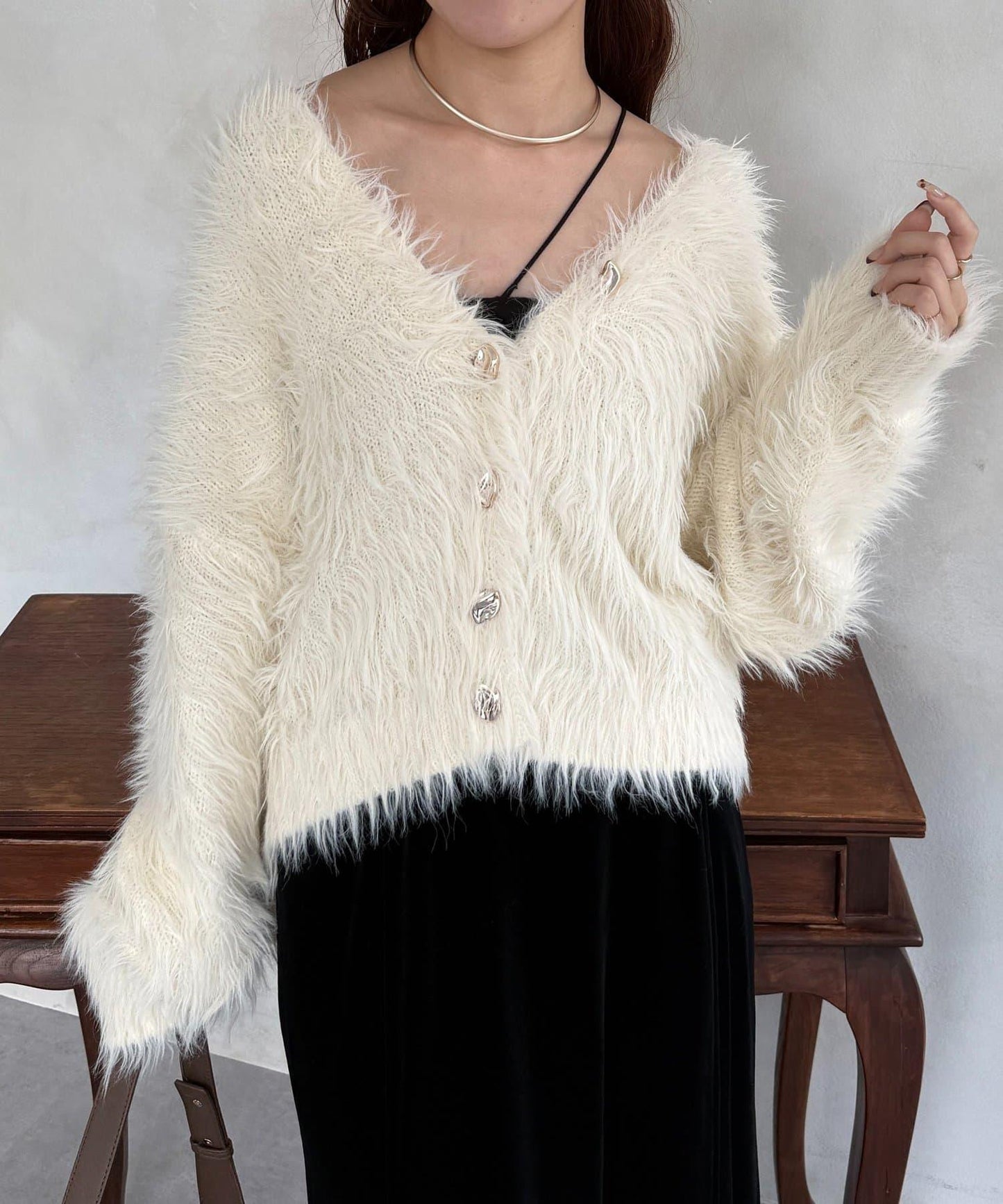 微妙紐扣蓬鬆長絨開衫