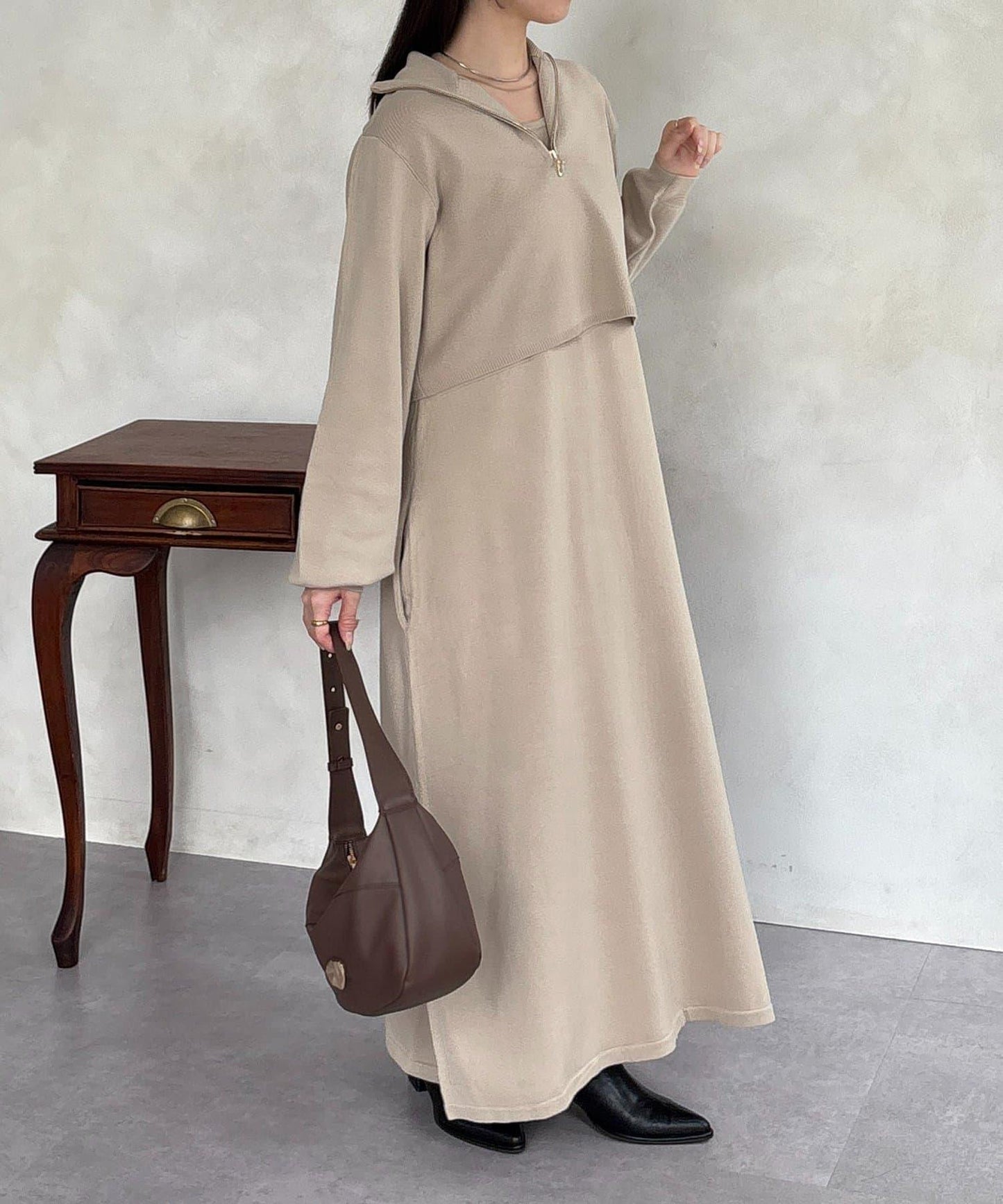 半拉鍊針織套裝連衣裙