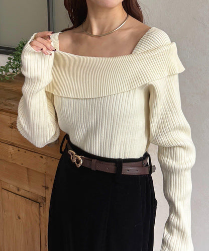 一字肩風格方領羅紋針織衫