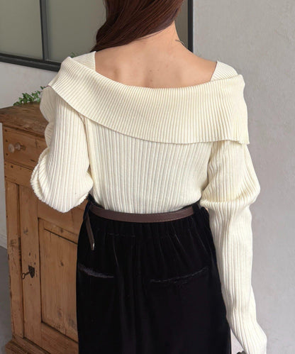 一字肩風格方領羅紋針織衫