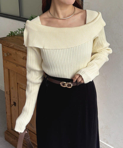 一字肩風格方領羅紋針織衫