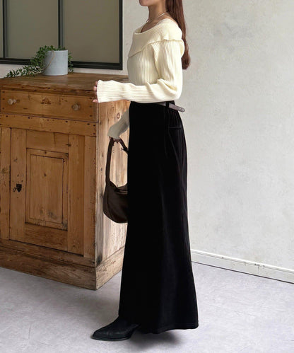 一字肩風格方領羅紋針織衫